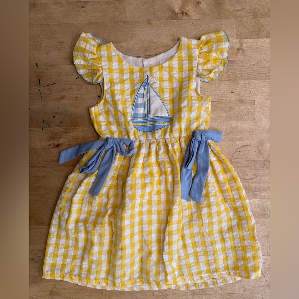 Yellow and White gingham 3T Dress with Sailboat